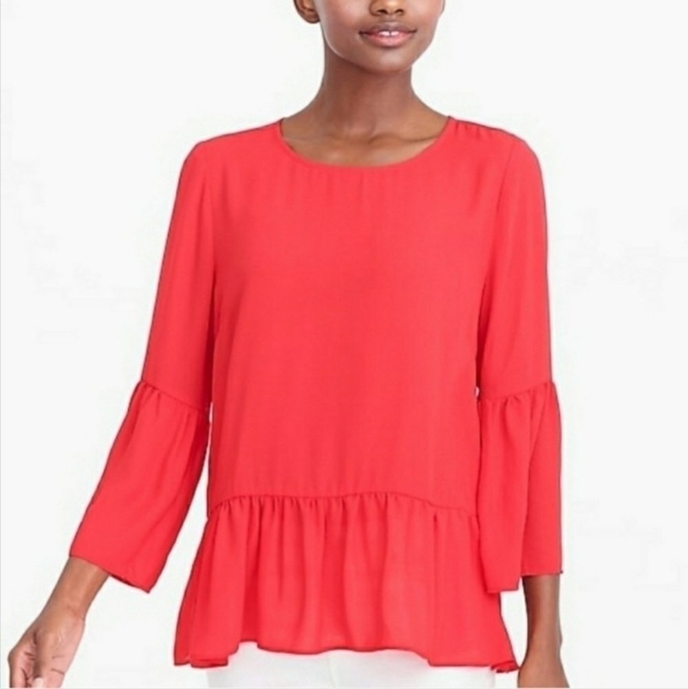 J. Crew Tomato Red Bell Sleeve Flowy Floaty Peplum Top Women's XS Feminine EUC